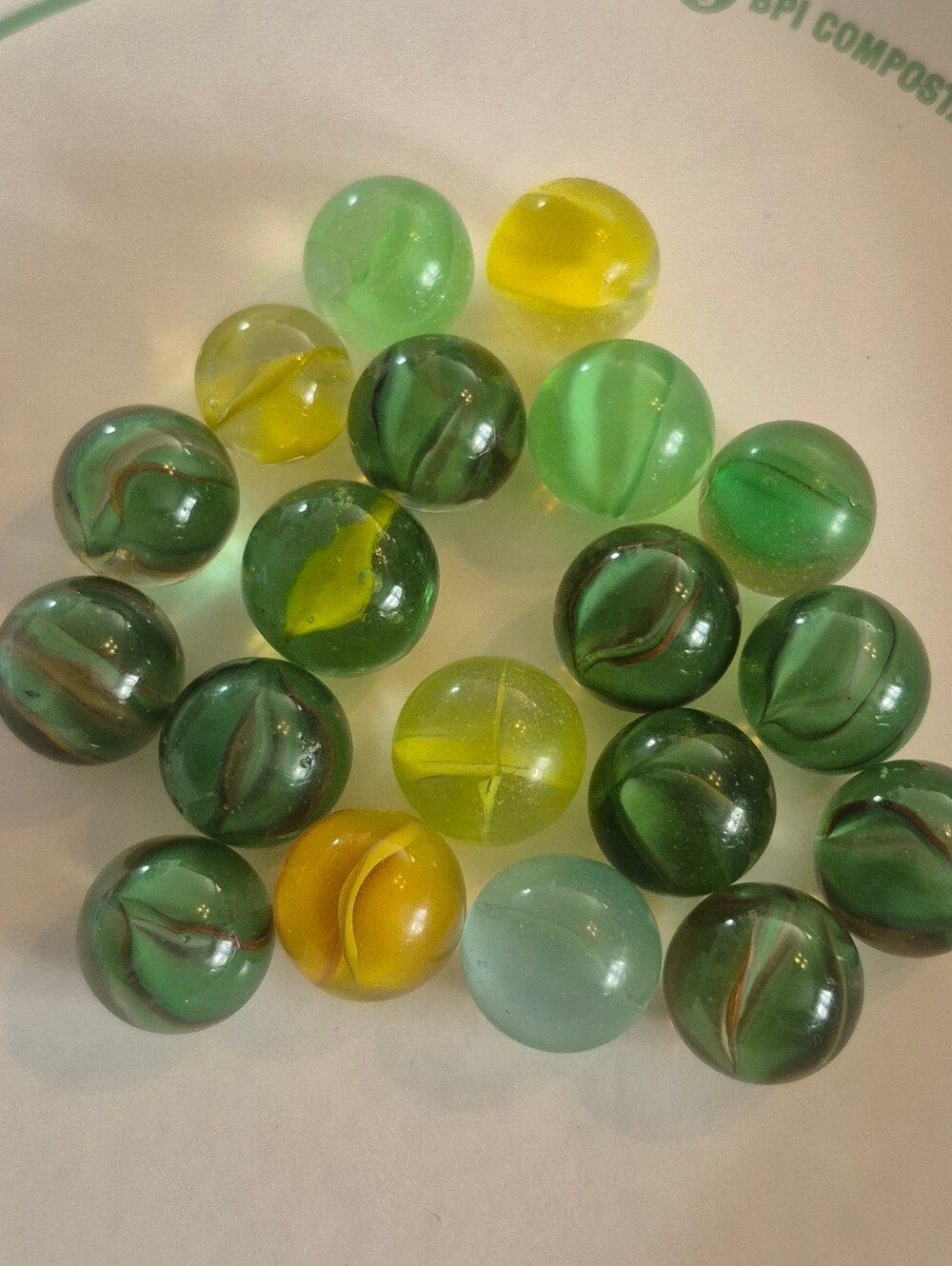 Lot of 19 Vintage Cat’s Eye Glass Marbles Green Yellow Swirl Shooter Mixed